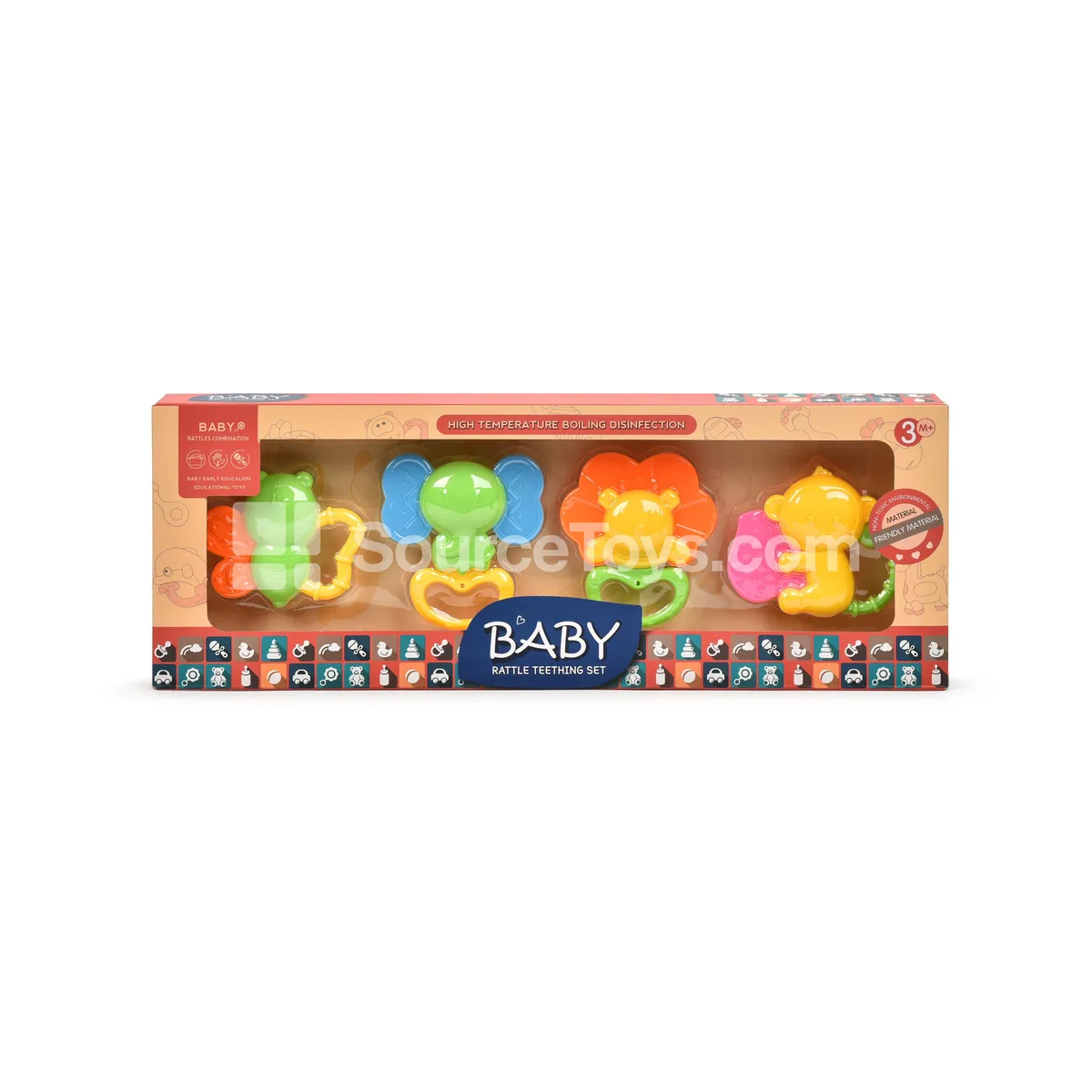 Newborn Rattle Teether Toy Set – Cartoon Animal Design, Boilable & Chewable, Gift Box