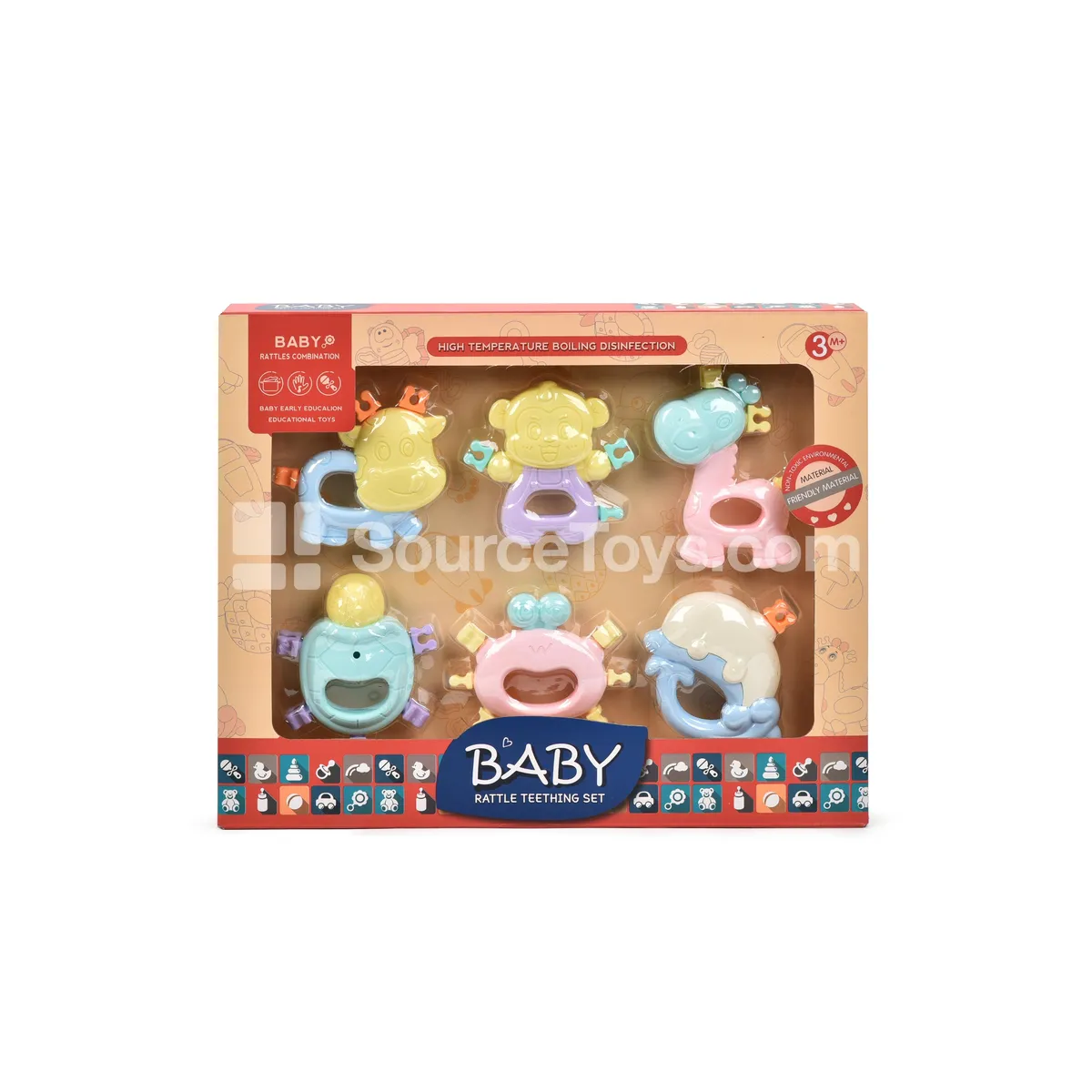 Newborn Rattle Teether Toy Set - Cartoon Animal Design, Boilable & Sterilizable, Gift Box