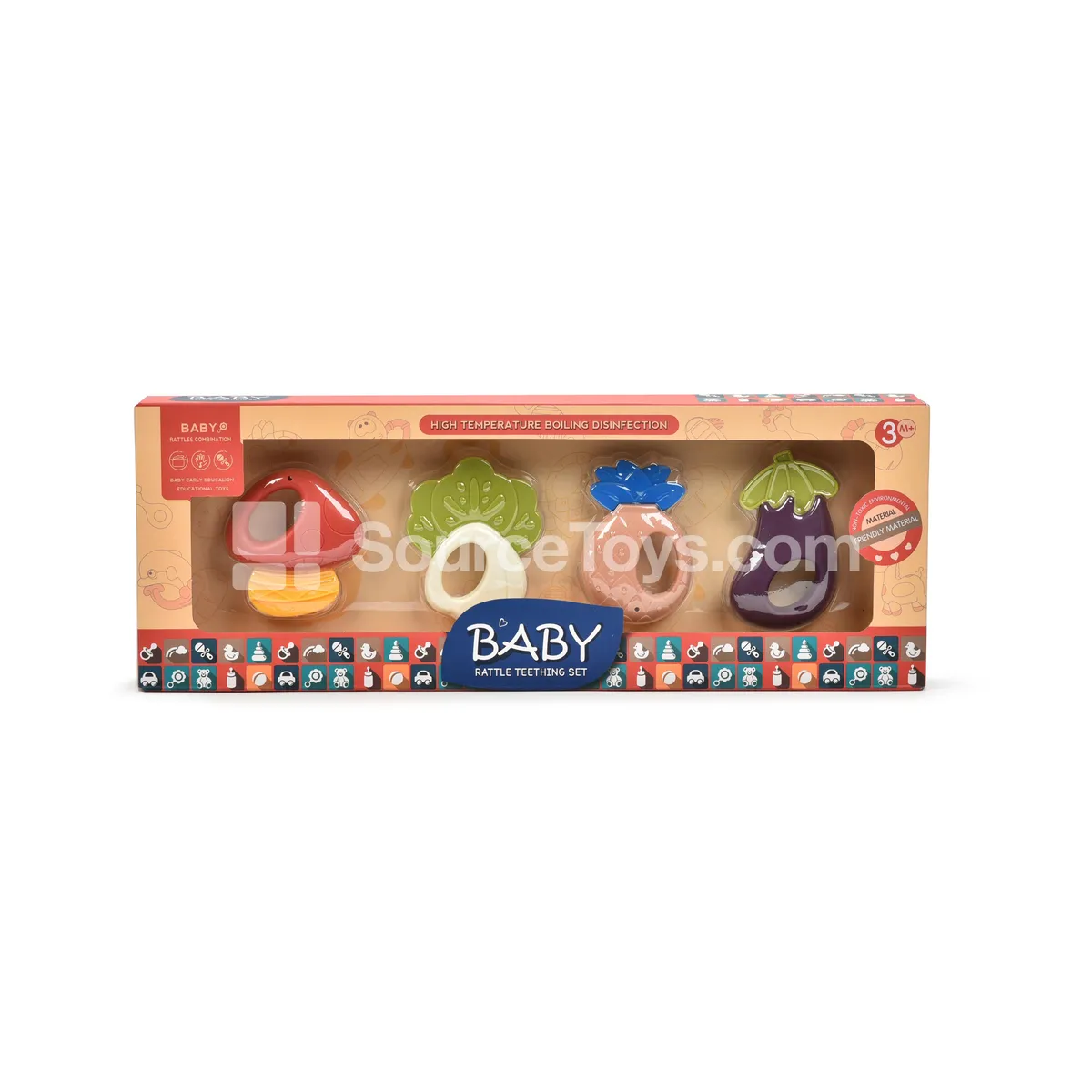 Baby Teether Rattle Set – Fruit & Veggie Shapes, Boilable & Chewable
