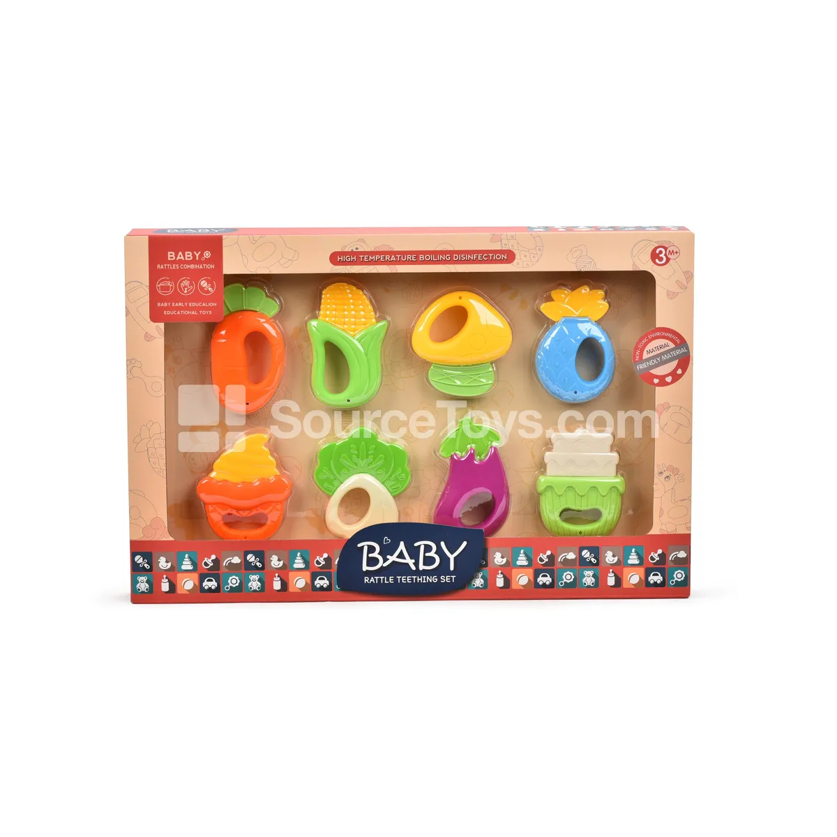 Newborn Rattle Teether Set – Fruit & Veggie Shapes, Steam Sterilizable Newborn Rattle Teether Set – Fruit & Veggie Shapes, Steam Sterilizable