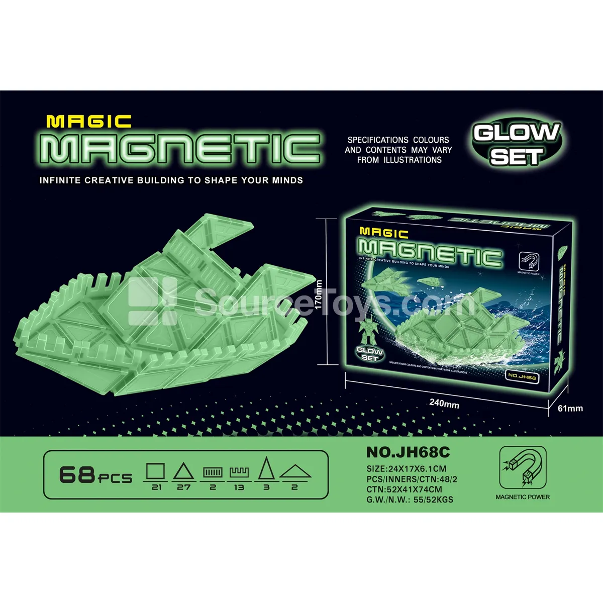 Glow-in-the-Dark Magnetic Building Tiles (68 pcs)