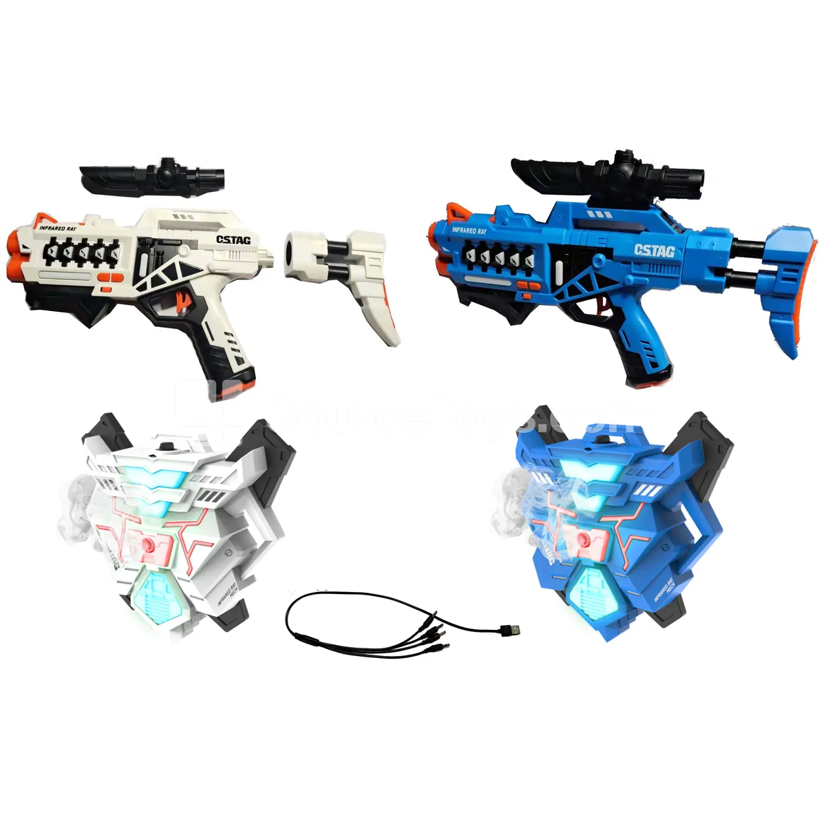 2-Pack Disassembly Infrared Battle Long Guns (Built-in Li Battery) + 2 Fourth-Generation Spray Vests (Built-in Li Battery) + 1 USB Charging Cable 2-Pack Disassembly Infrared Battle Long Guns (Built-in Li Battery) + 2 Fourth-Generation Spray Vests (Built-in Li Battery) + 1 USB Charging Cable