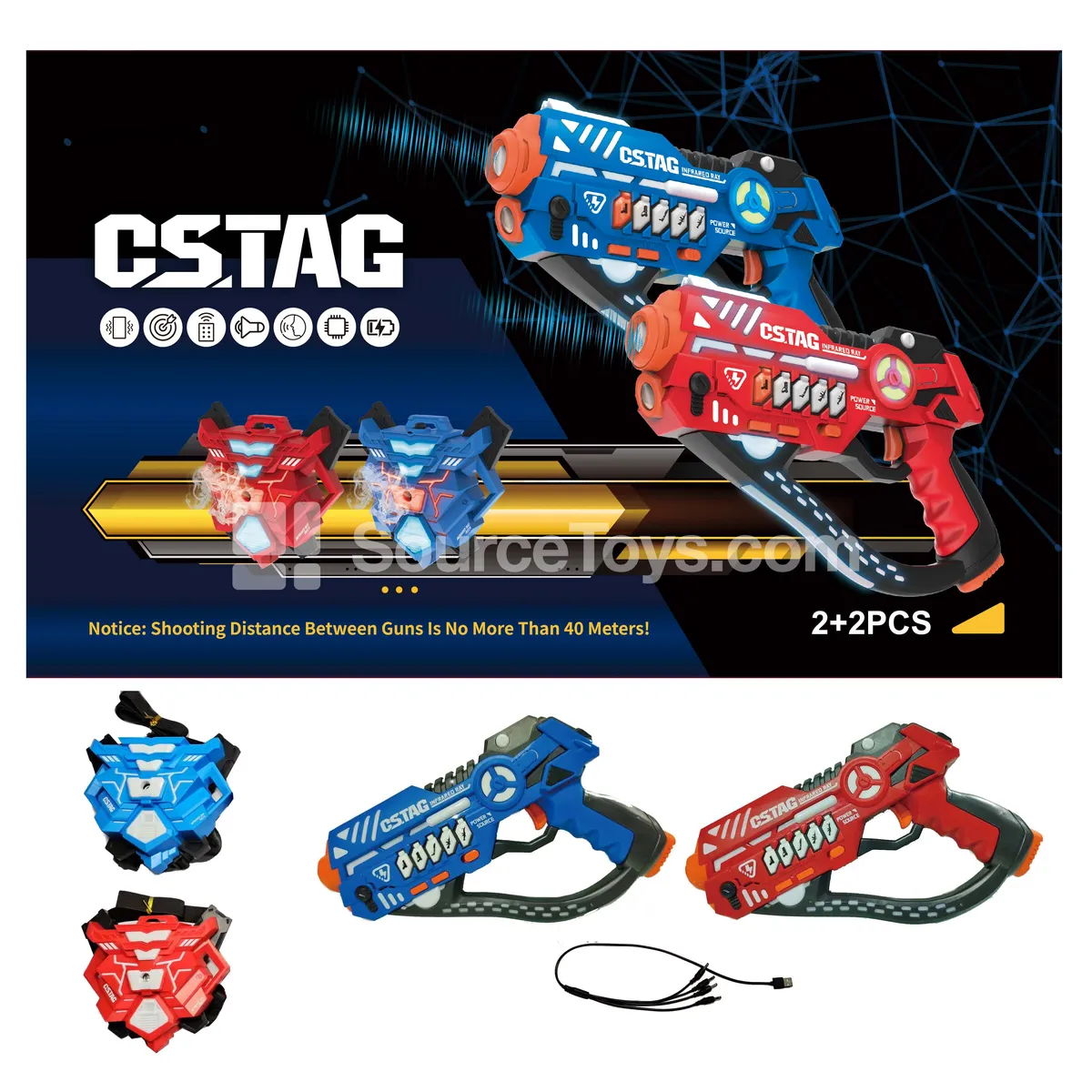 4th Gen Infrared Battle Gun Set (2 Guns with Built-in Li-ion Battery) + 2 Spray Vests (Built-in Li-ion Battery) + 1 USB Charging Cable (1-to-4)
