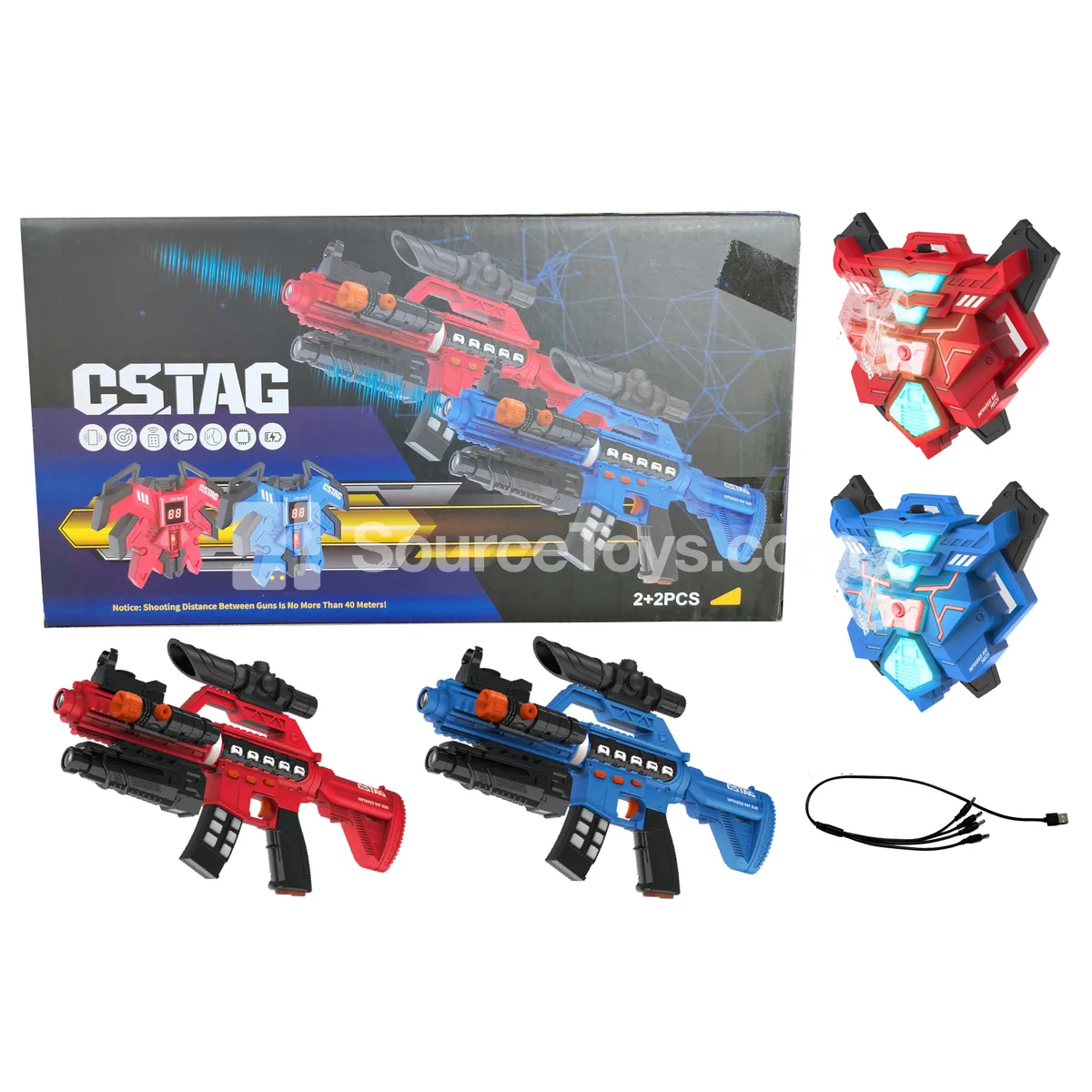 2 Disassemblable Infrared Battle Long Guns (Built-in Li-ion Battery) + 2 Fourth-Gen Spray Vests (Built-in Li-ion Battery) + 1 USB Charging Cable (1-to-4) 2 Disassemblable Infrared Battle Long Guns (Built-in Li-ion Battery) + 2 Fourth-Gen Spray Vests (Built-in Li-ion Battery) + 1 USB Charging Cable (1-to-4)