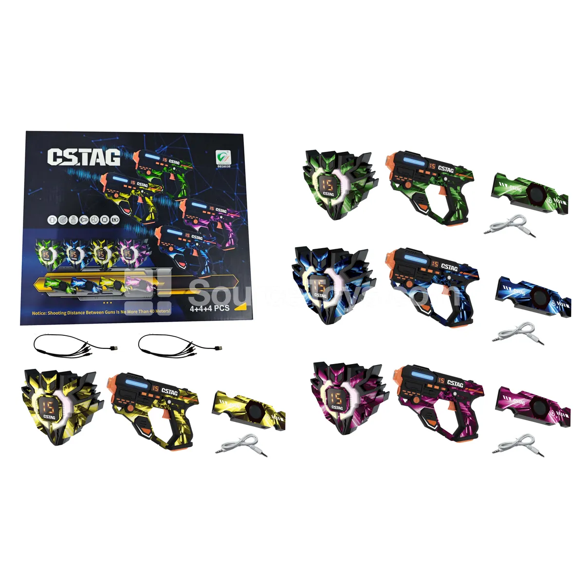Wireless Data-Sync Laser Tag Set with 4 Vests, 4 Guns, 4 Back Receivers, and 2 USB Charging Cables