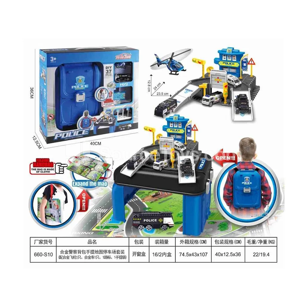 Alloy Police Backpack Map Parking Lot Set with Alloy Plane & Car 37PCS