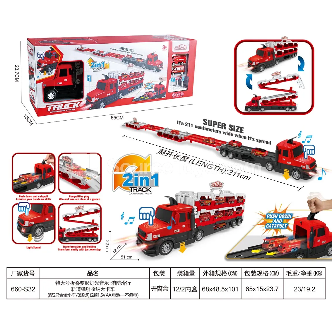 Foldable Transforming Fire Truck with Lights Music, Slide Track, Launch & Storage, with 2 Alloy Cars & 8 Road Signs Foldable Transforming Fire Truck with Lights Music, Slide Track, Launch & Storage, with 2 Alloy Cars & 8 Road Signs