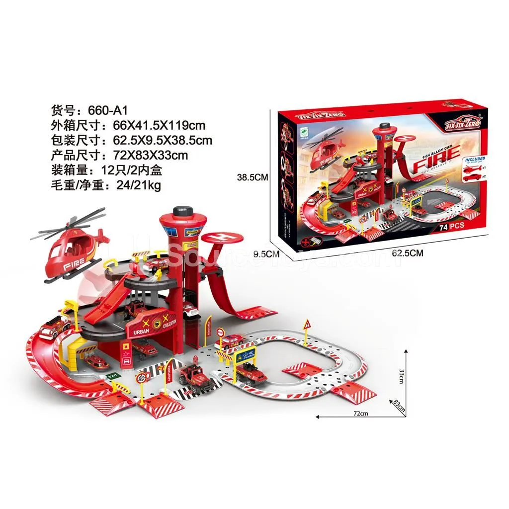Alloy Fire Station Parking Set with 2 Cars and 1 Helicopter