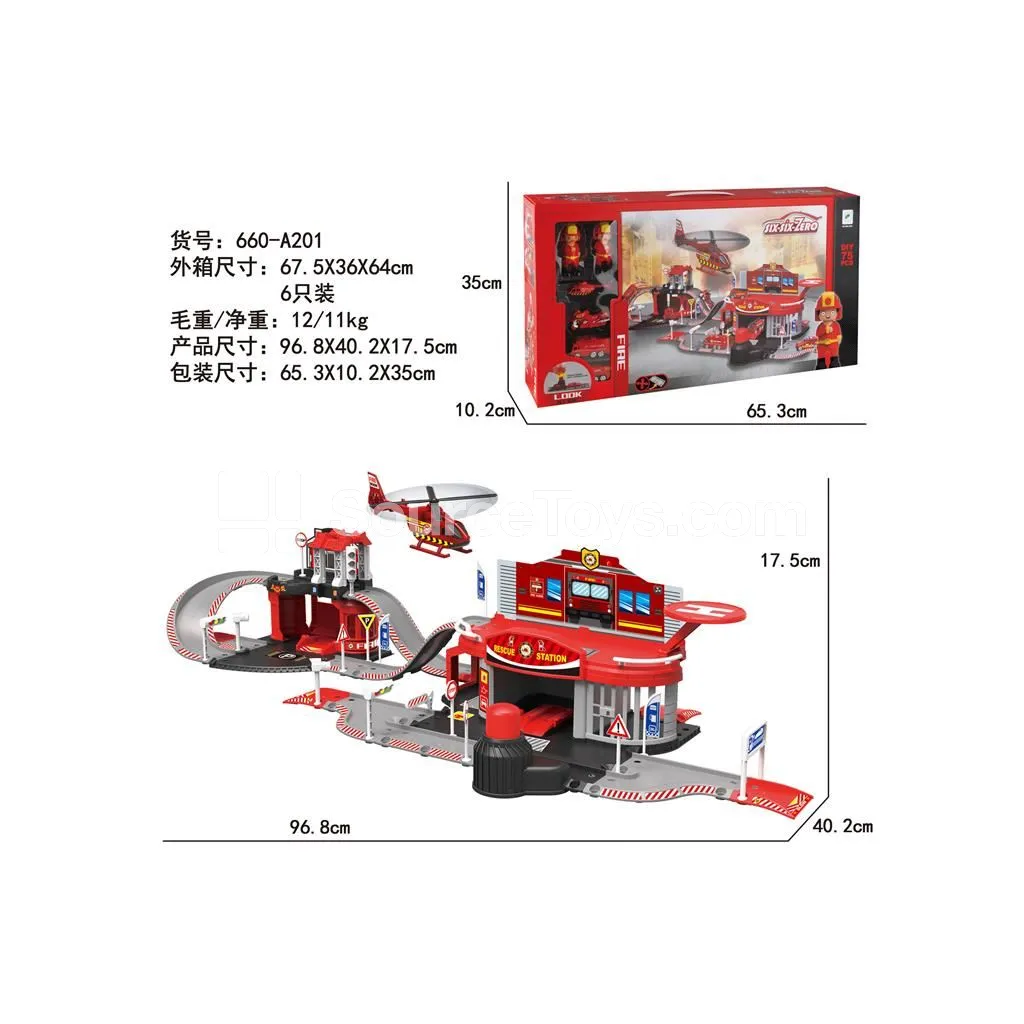 Spring-Launch Fire Station Alloy Parking Set (2 Figures + 2 Cars + 1 Plane + 1 Motorcycle)