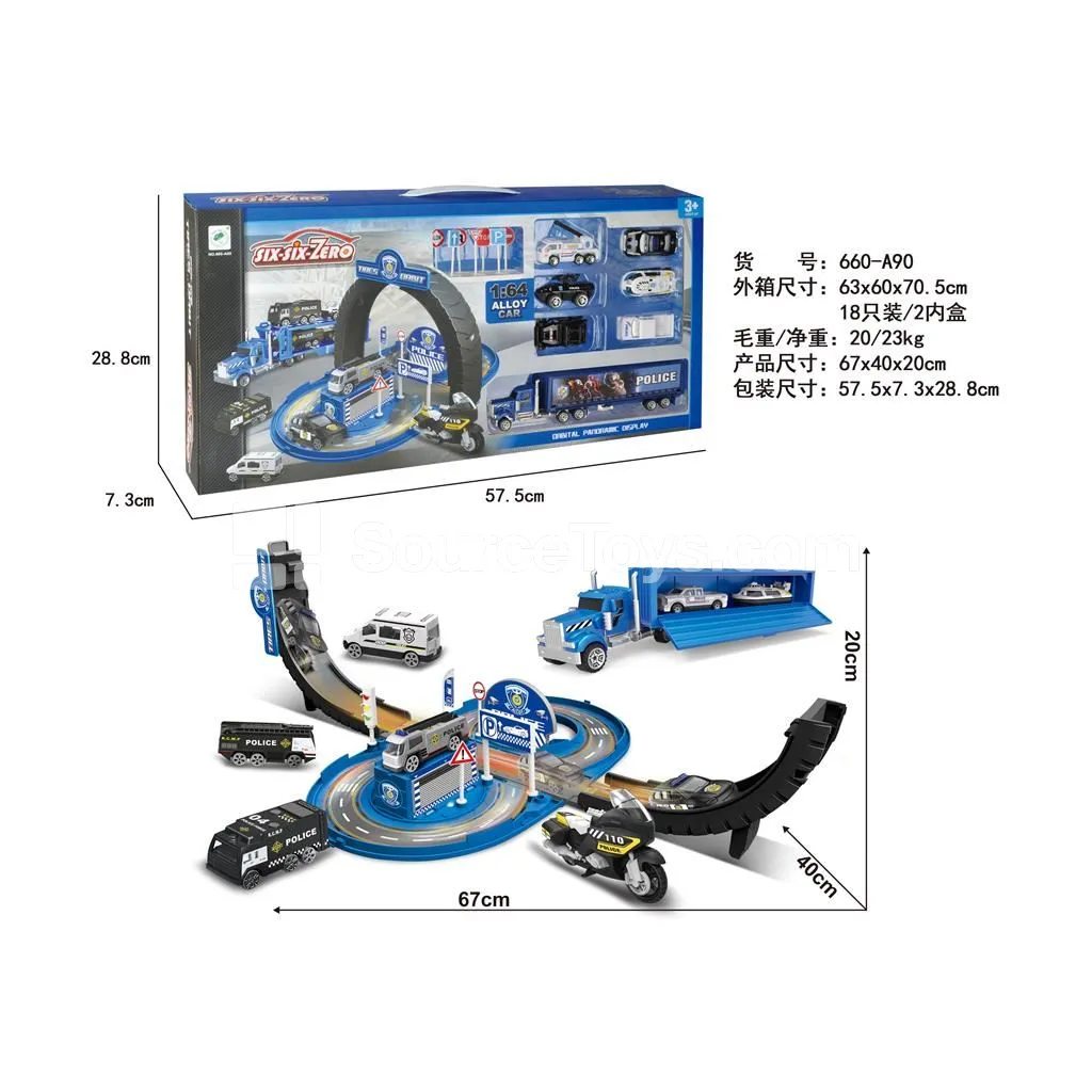 Transformable Tire Alloy Police Parking Lot Set (6 Cars + 1 Tow Truck)