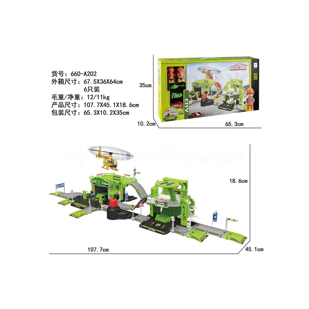 City Launch Alloy Parking Set (2 Figures + 2 Cars + 1 Plane + 1 Motorcycle)