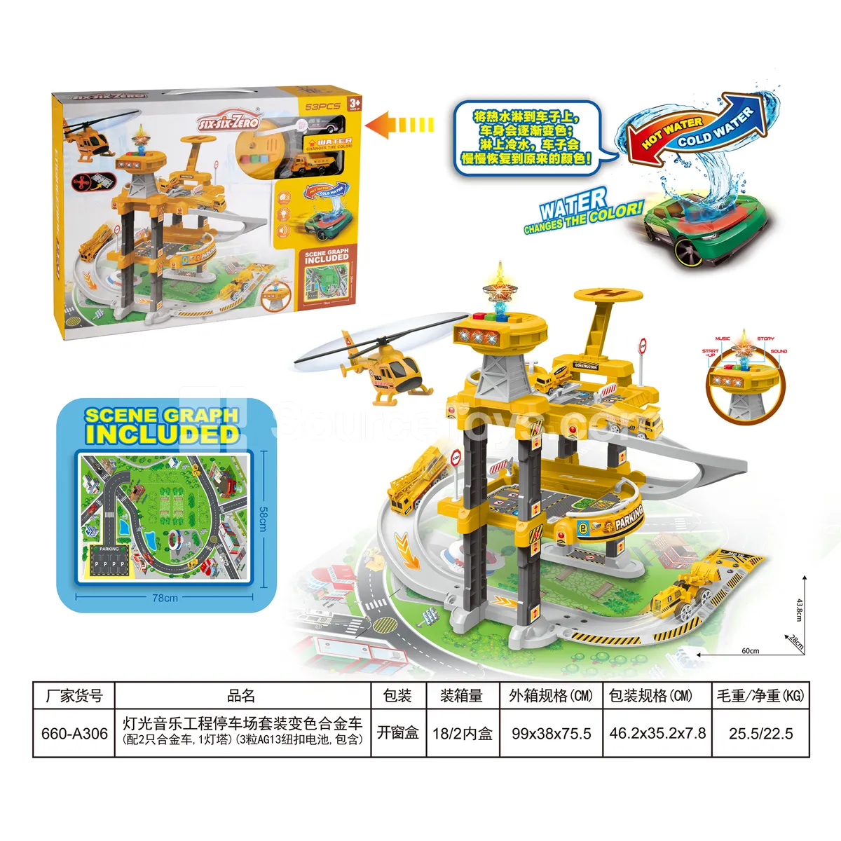 Light & Sound Construction Parking Playset with Color-Changing Alloy Cars (2 Cars, 1 Lighthouse, 3xAG13 Batteries Included)
