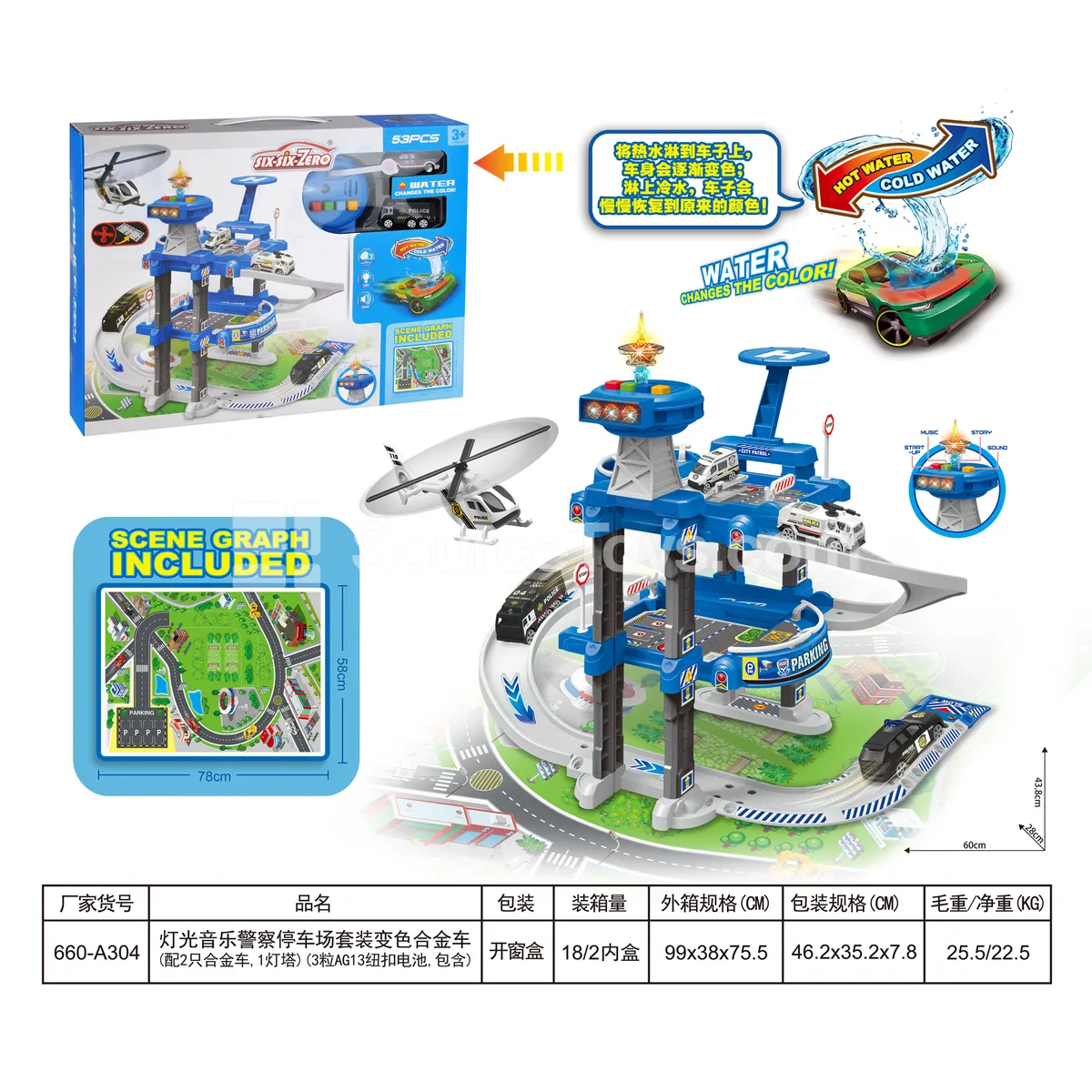 Light & Sound Police Parking Playset with 2 Color-Changing Die-Cast Cars and Lighthouse (Batteries Included)