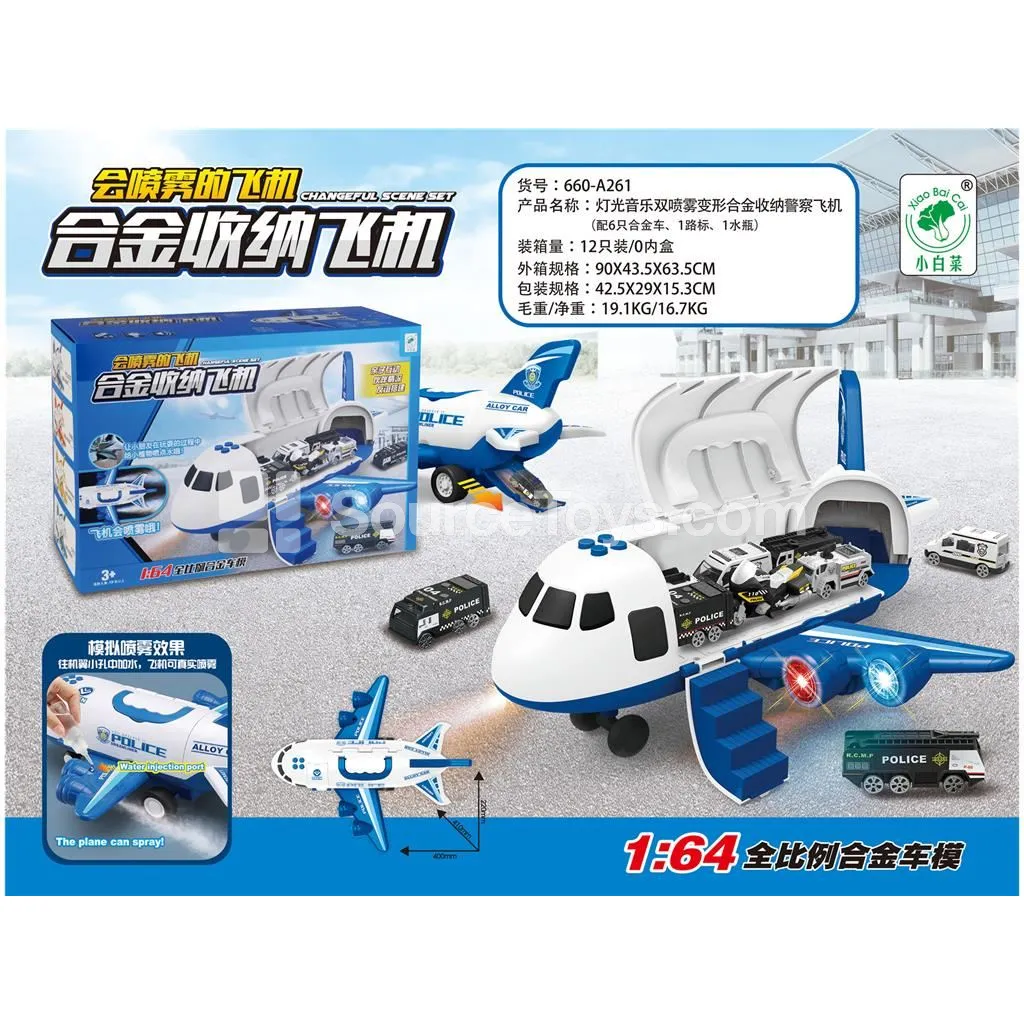 Police Transformable Spray Airplane with Lights & Music (6 Alloy Cars + 1 Road Sign + 1 Spray Bottle) Blue