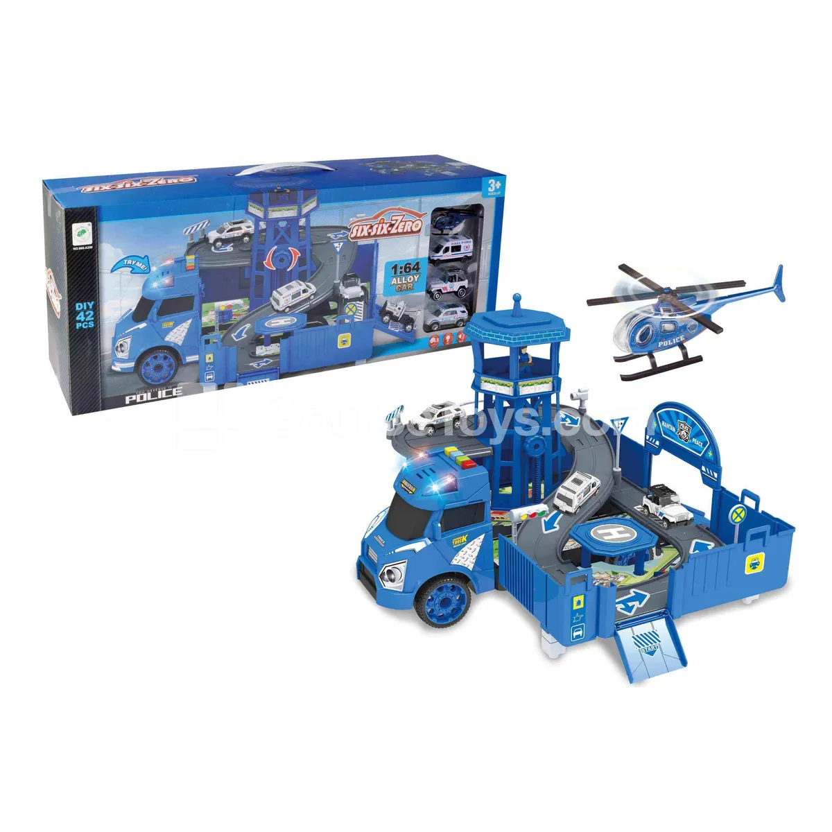 Alloy Police Parking Lot Set with 1 Plane, 3 Cars & 3 AG13 Button Batteries Alloy Police Parking Lot Set with 1 Plane, 3 Cars & 3 AG13 Button Batteries