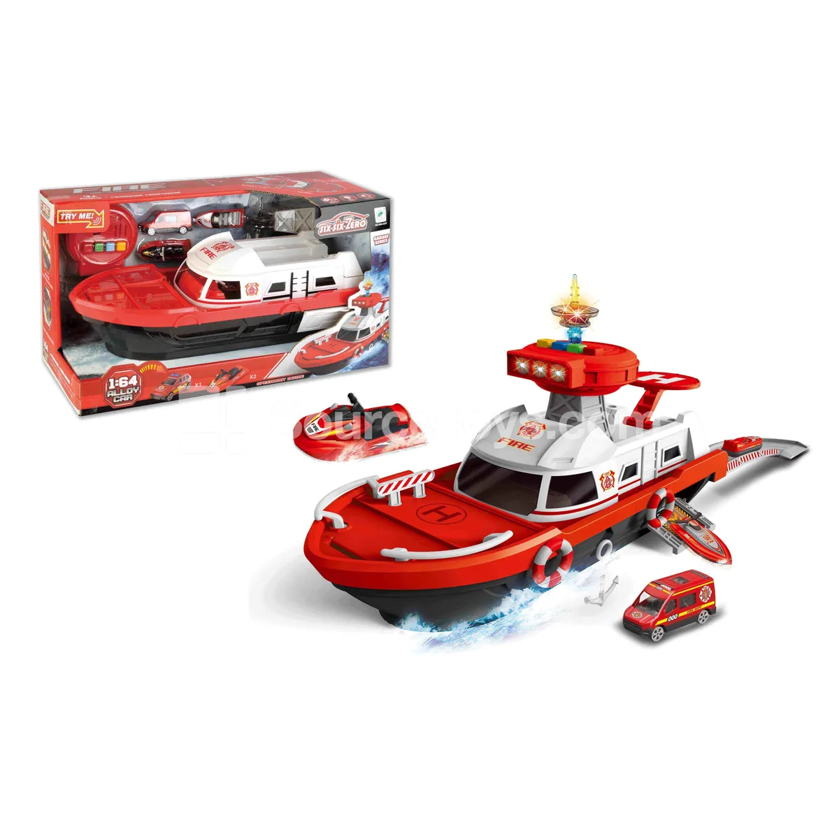 Alloy Storage Fire Rescue Set (1 Car + 2 Boats + 1 Lighthouse + 3 AG13 Batteries)