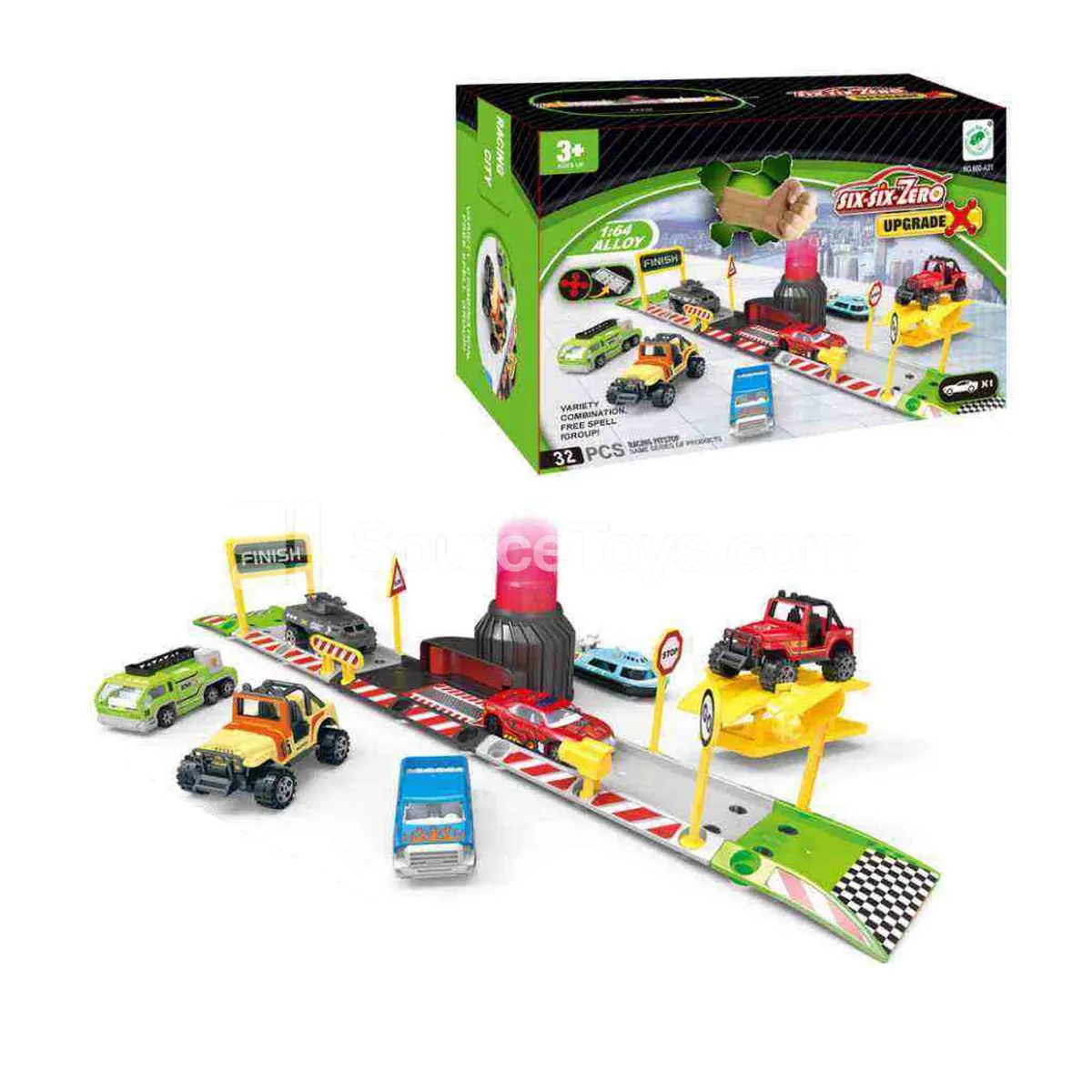 Alloy City Track Car Set with 1 Car, Pretend Play Scene Storage Building Blocks