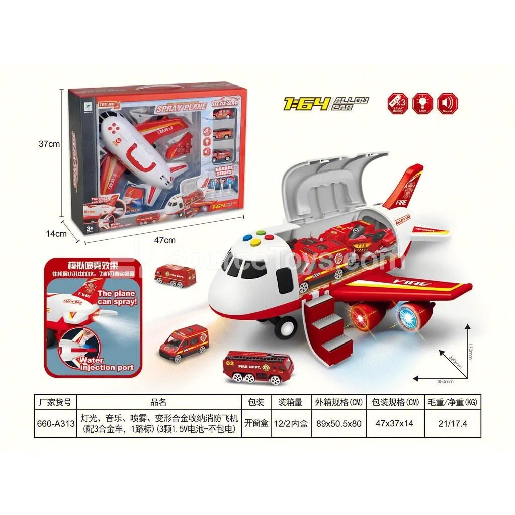 Light & Music Spray Inertia Transforming Firefighter Storage Plane 35x32x17cm with 3 Alloy Cars + 1 Road Sign + 1 Water Bottle