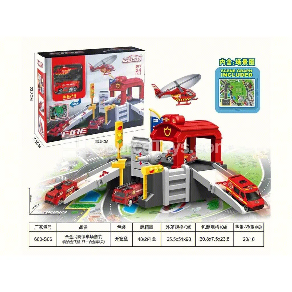 Alloy Fire Station Parking Lot Set with Alloy Plane & Car 24pcs Educational Pretend Play Set for Toddlers