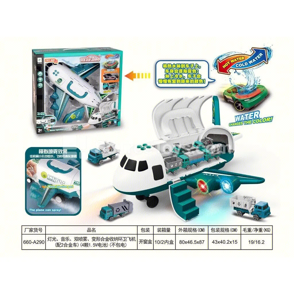 Light & Music Transforming Sanitation Plane with Double Spray & Alloy Storage (2 Alloy Cars Included)