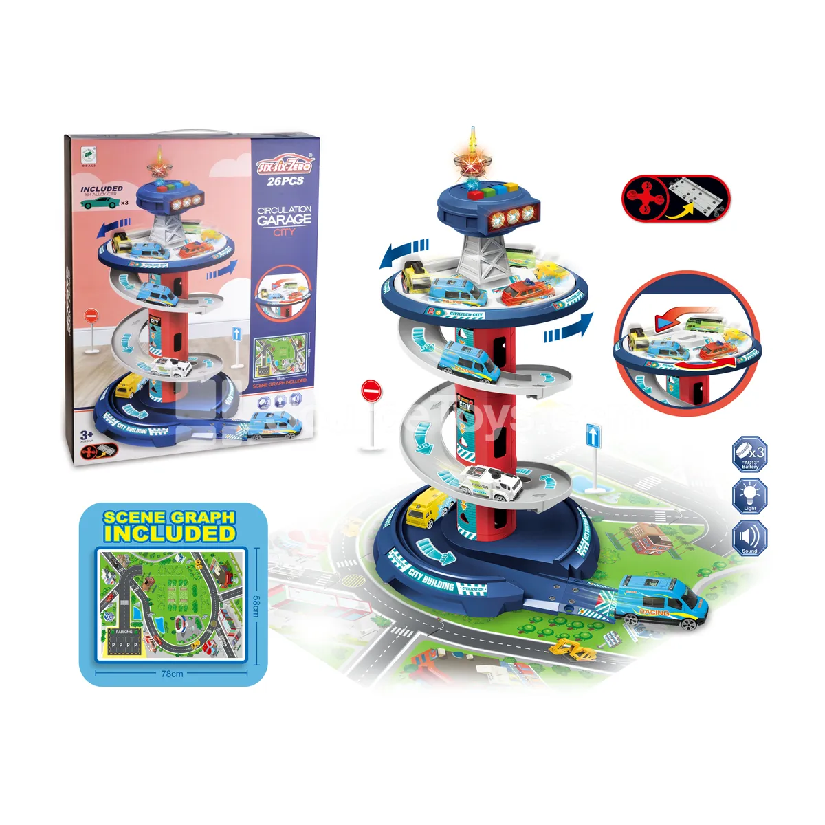 Multi-Function City Spiral Parking Garage Set with 3 Alloy Cars Multi-Function City Spiral Parking Garage Set with 3 Alloy Cars