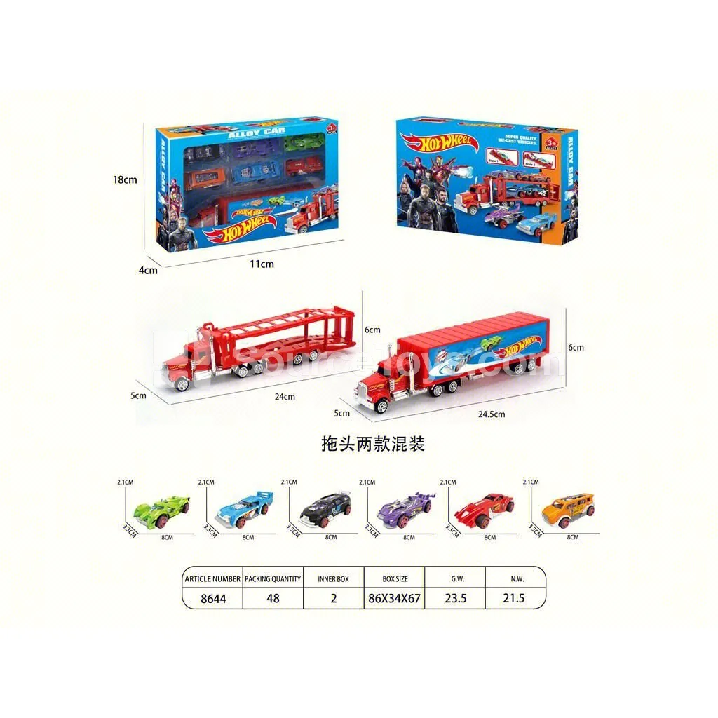 Alloy Tractor Truck Container & Trailer Set Assorted 2 Styles with 6 Alloy Cars