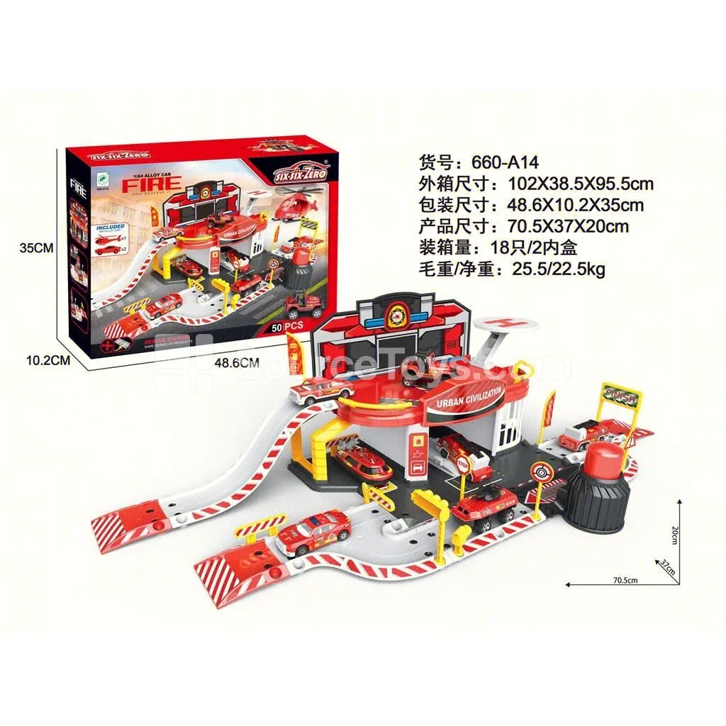 Alloy Fire Station Parking Lot Set with 2 Cars & 1 Plane – One-Button Ejection