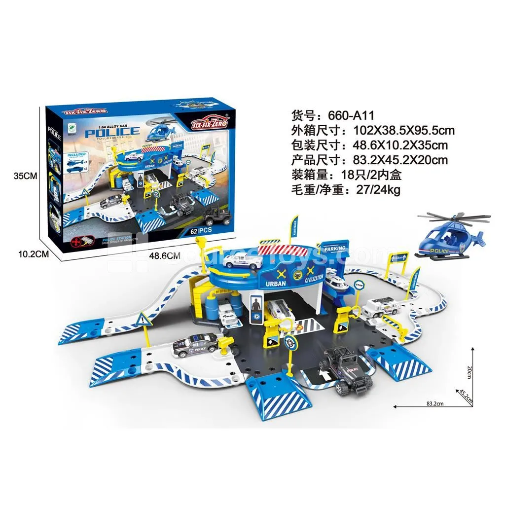 Alloy Police Station Parking Playset with 2 Cars & 1 Helicopter Alloy Police Station Parking Playset with 2 Cars & 1 Helicopter