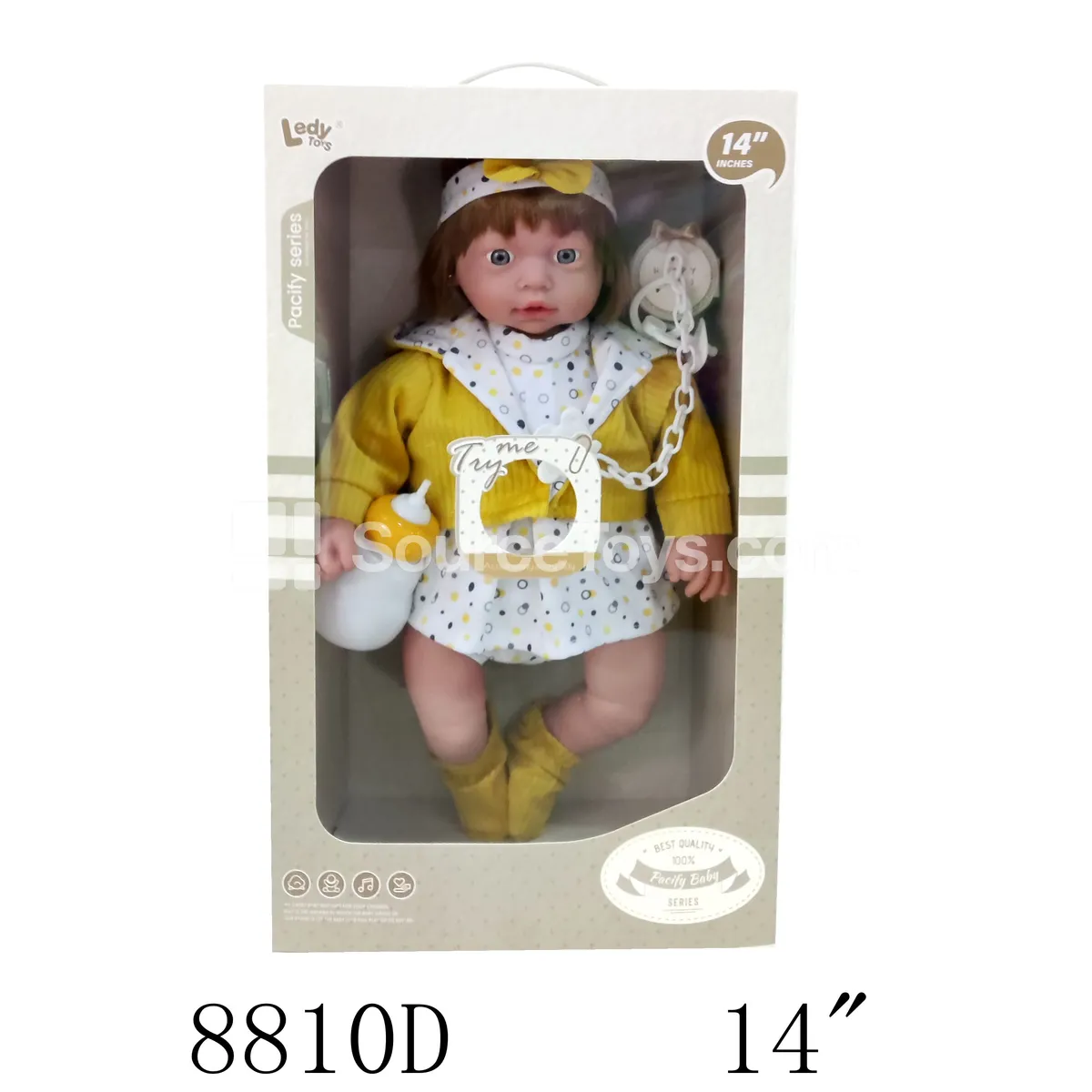14-inch Vinyl Doll with Cotton Body, Pacifier Chain, Bottle (Battery Included 3xAG13)