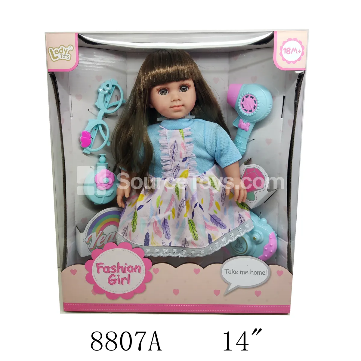 14-inch Vinyl Fashion Doll with Fabric Body, Blue Dress, Glasses, and Accessories