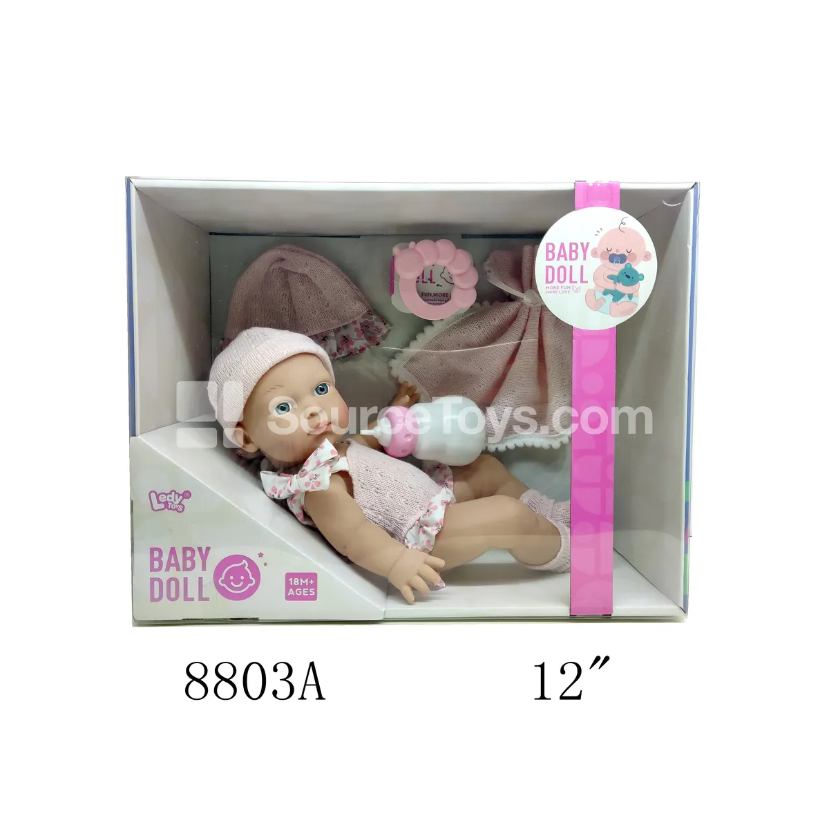 Vinyl Doll Set 12 inch with Hat, Bib, Bottle, and Caterpillar Rattle