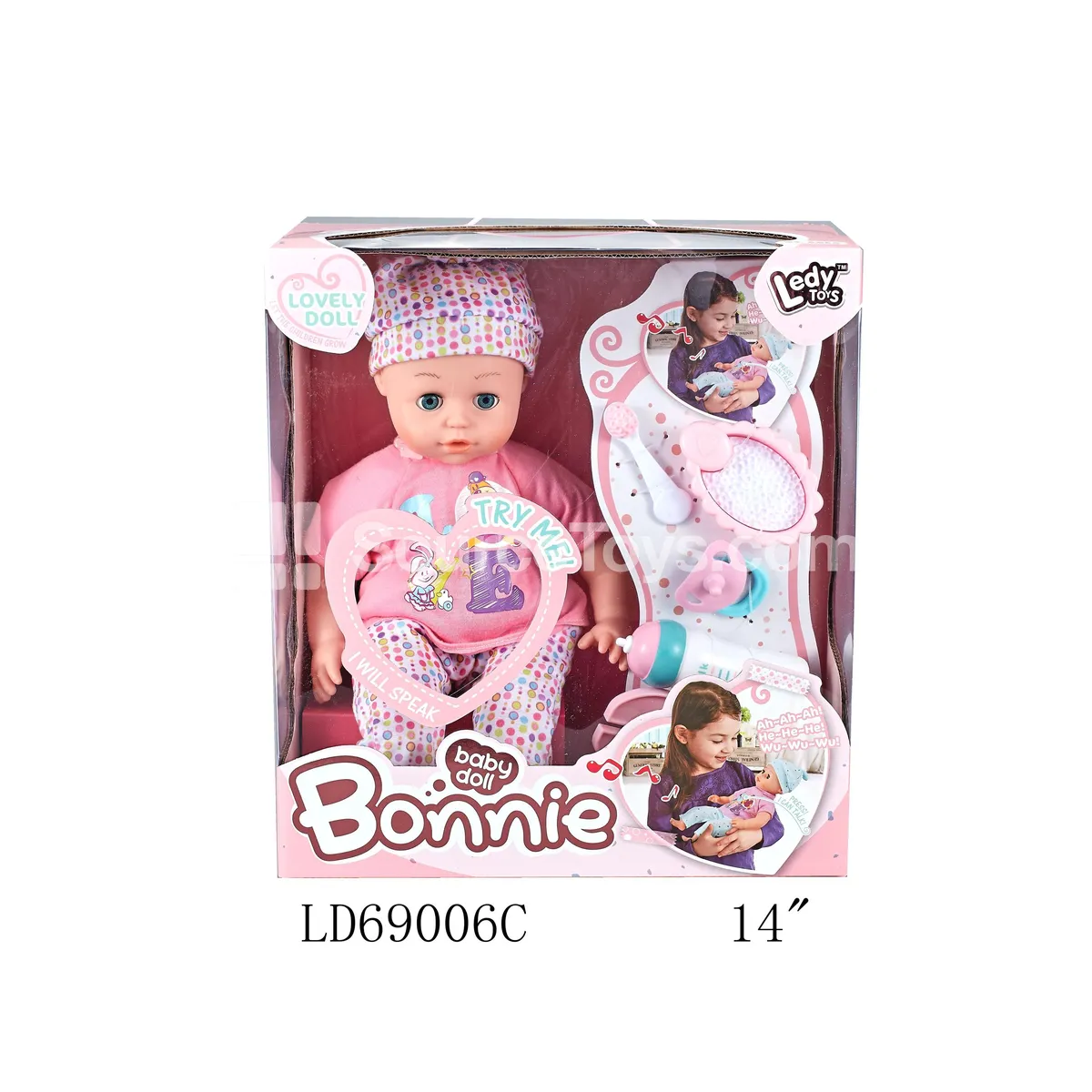 14-inch Vinyl Doll with Cotton-Filled Body, Chest Press Sound, Touch Sound, and Bottle Accessory