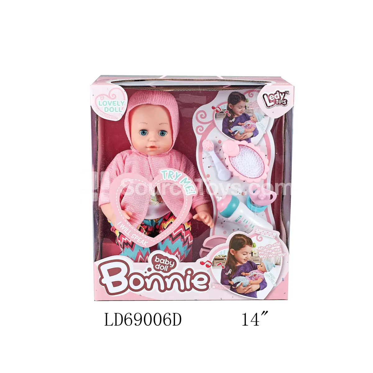14-inch Vinyl Doll with Stuffing, Hand Press Chest for 12 Sounds, Touch-Activated Sound, Bottle & Accessories