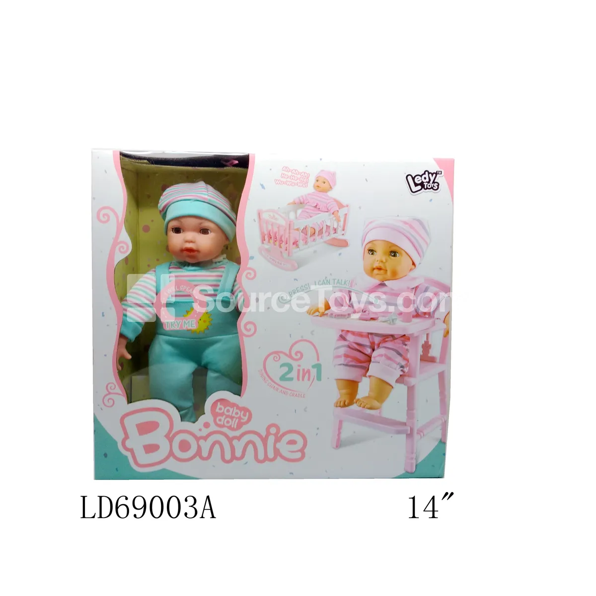 14-inch Vinyl Doll with 12 Sounds & 2-in-1 Set (Dining Cart+Cradle) & Accessories