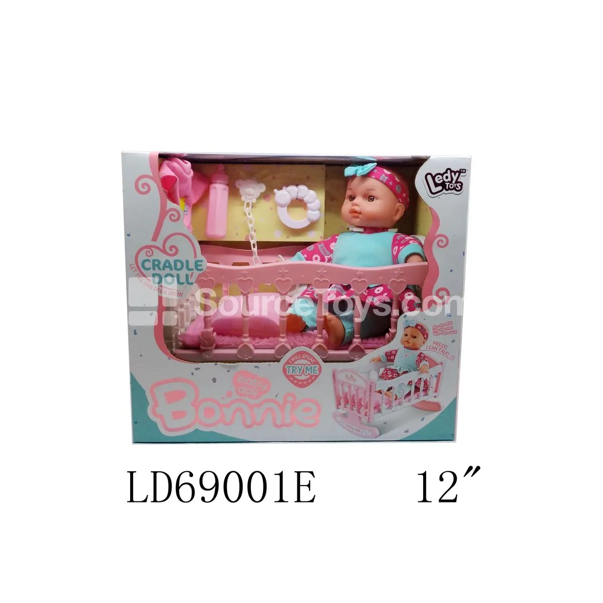 12-inch Vinyl Doll with Cradle, Bedding, Pillow, Clothes & Accessories