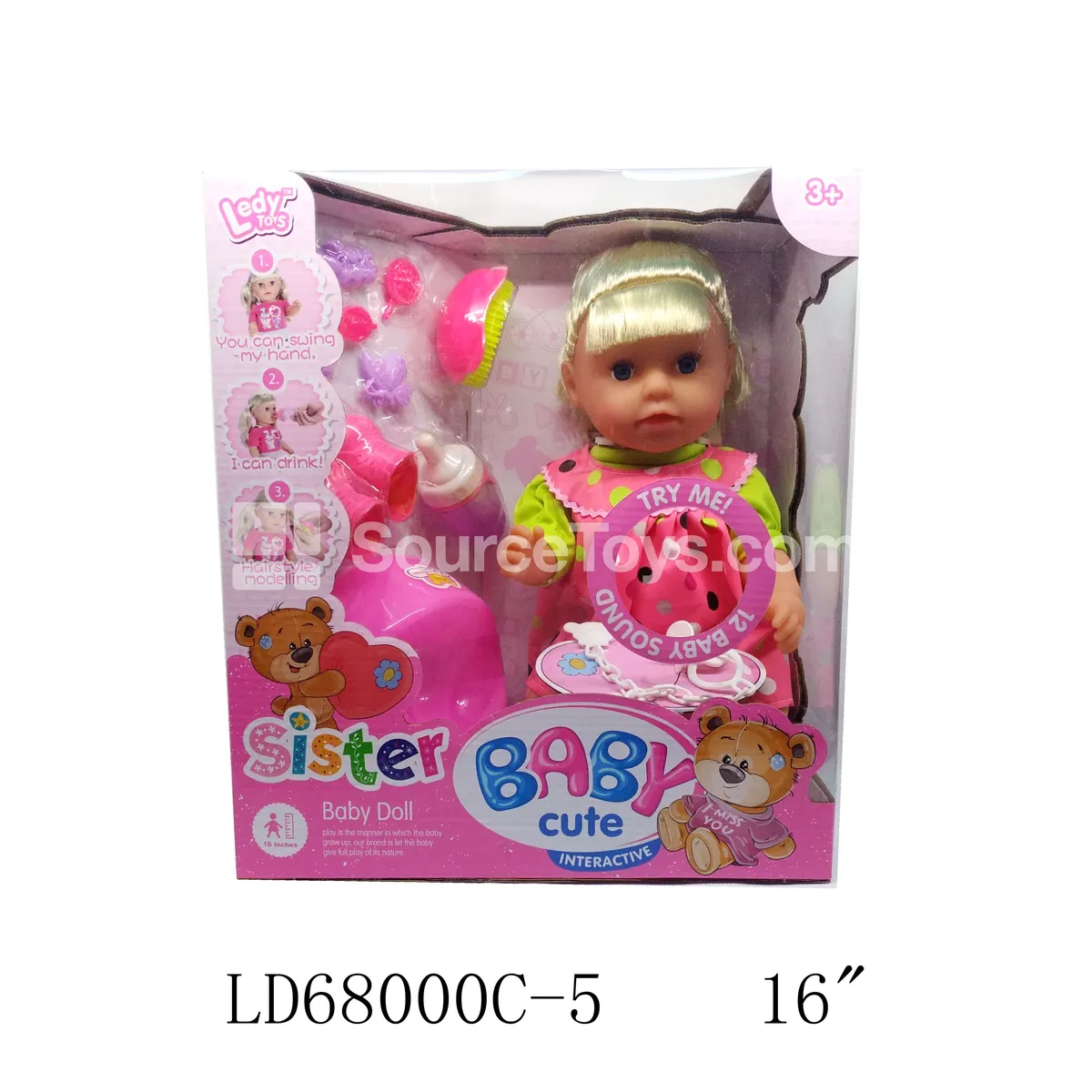 Vinyl Doll with 12 Sounds, Drinking & Wetting Function, Fashion Set with Shoes, Potty, Comb, Bottle & Accessories