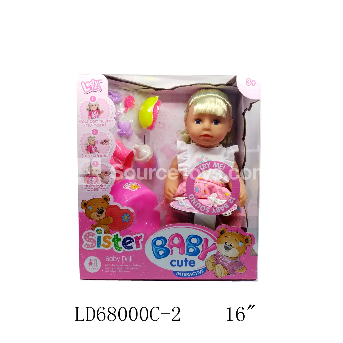 Vinyl Interactive Doll with 12 Sounds, Drinking & Wetting Function, Casual Outfit, Shoes, Potty, Comb, and Bottle Accessories