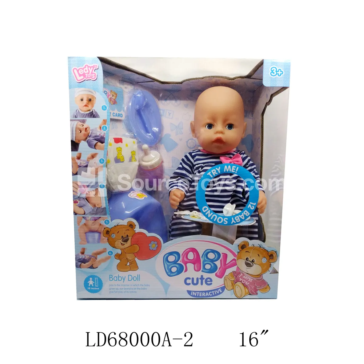 Vinyl Doll 16 inch with 12 Sounds, Drinking & Wetting, Moving Eyes, Striped Outfit & Accessories