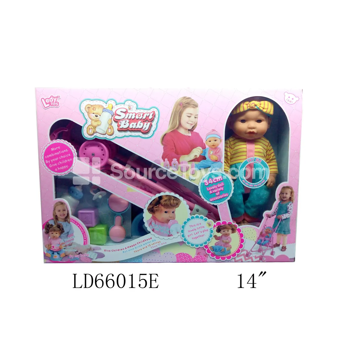 14" Vinyl Doll with Drinking & Wetting Functions, Plastic Stroller & Accessories 14