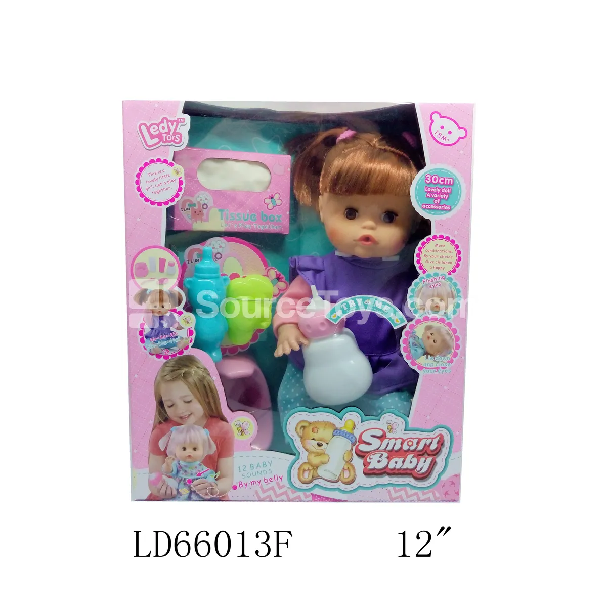 12-inch Vinyl Doll Set with Drinking and Wetting Function, 12 Sounds, Moving Eyes, Accessories