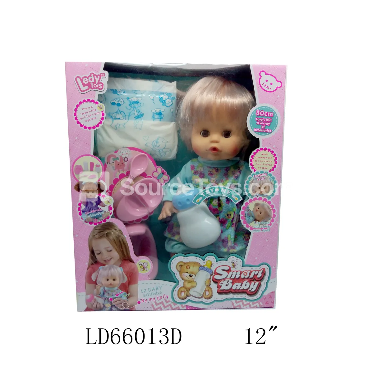 12-inch Vinyl Doll with 12 Sounds, Moving Eyes, Drinking & Wetting Function, 3-Piece Set with Plate, Spoon, Potty, Bottle & Diaper