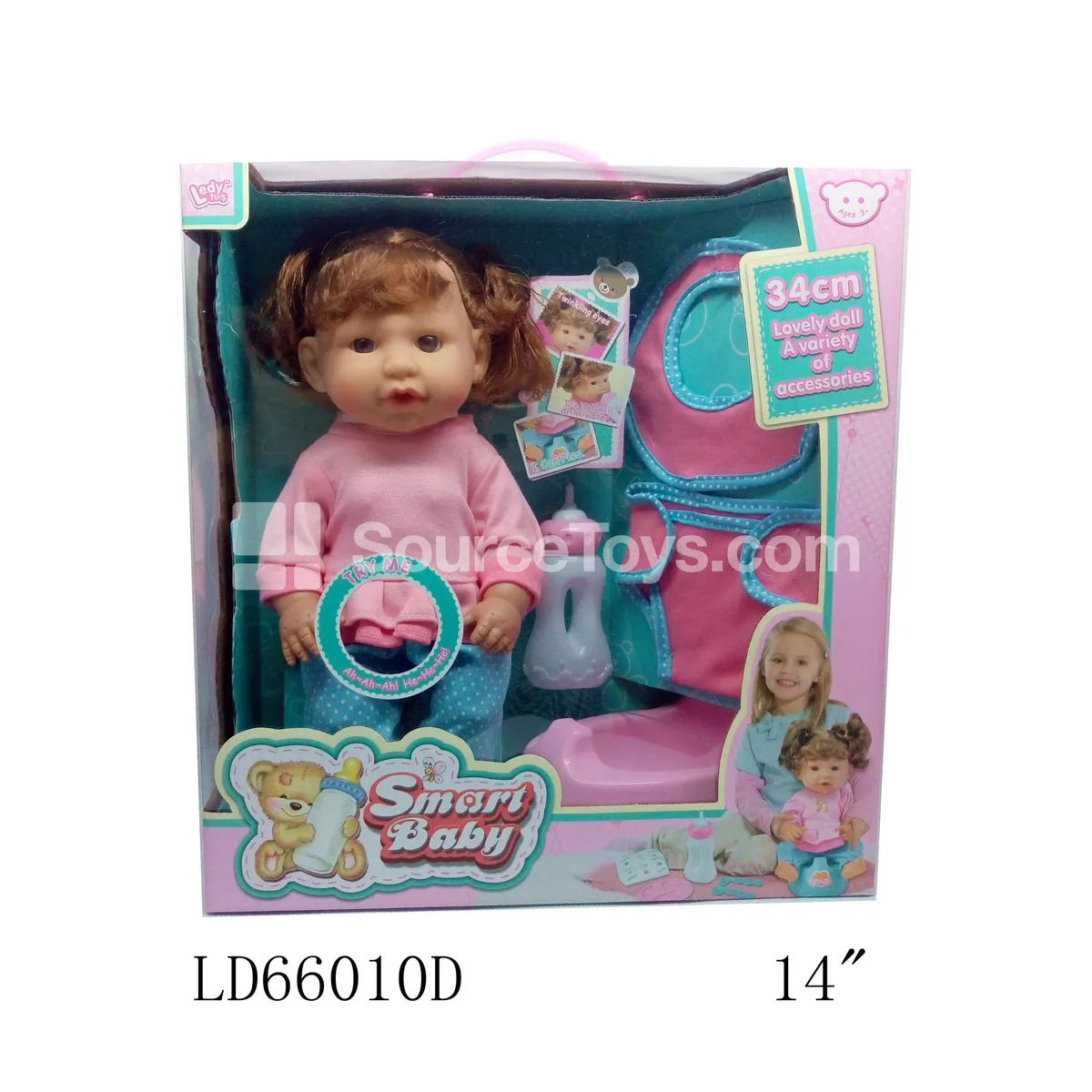 14-inch Vinyl Doll with 12 Sounds, Drinking & Wetting Feature, Pink Hair, Set with Scarf & Knitted Pants