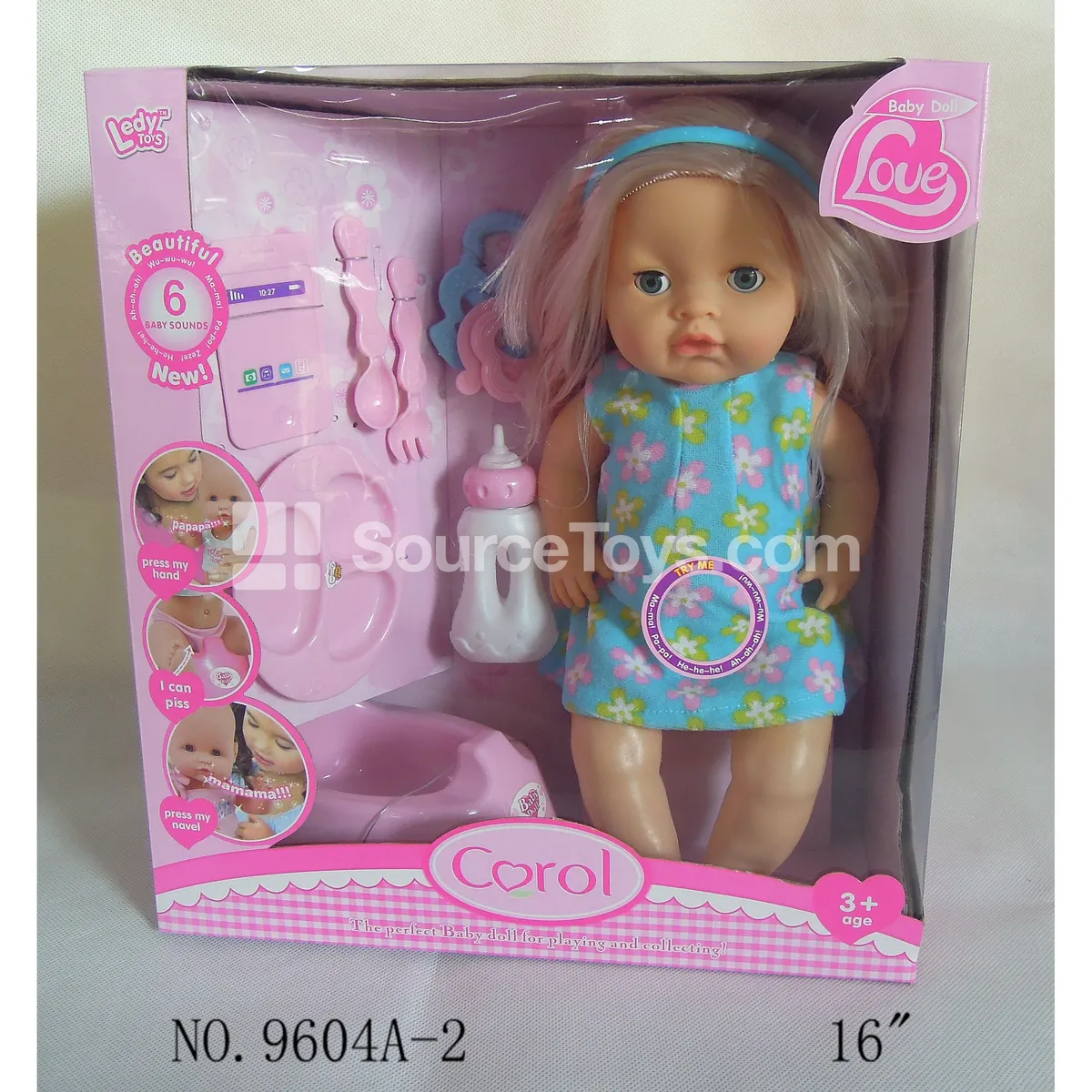 16" Vinyl Doll with Drinking, Wetting, and Sound Functions (12 Sounds) + Accessories 16