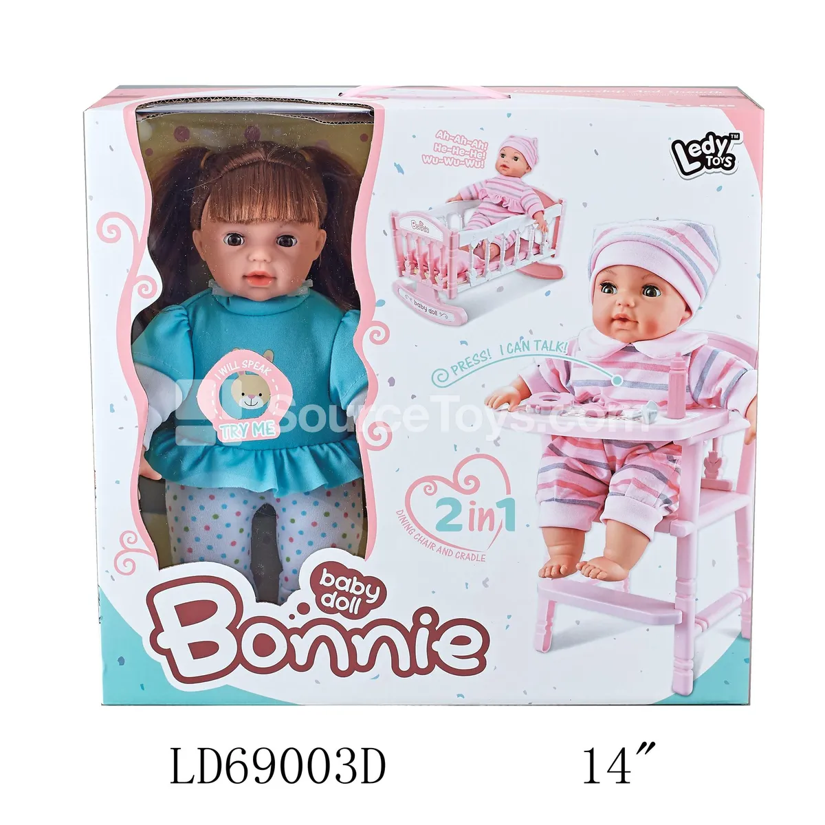 14-inch Vinyl Doll Set with 12 Sounds, 2-in-1 Diner Cart & Cradle, and Accessories