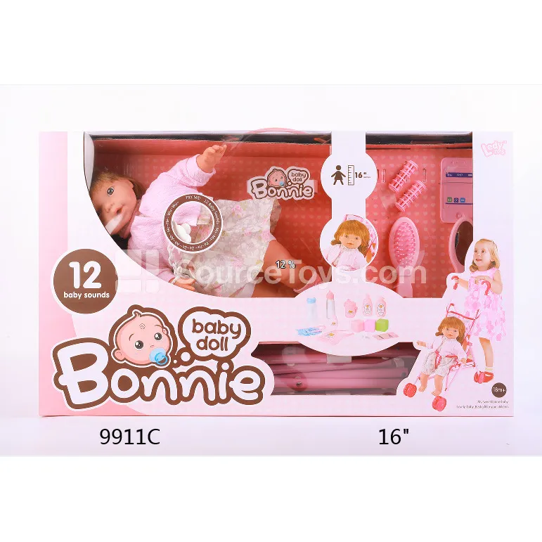 16-Inch Vinyl Fashion Doll with 12 Sounds, Filled Cotton, Pacifier Chain, Accessories & Plastic Stroller