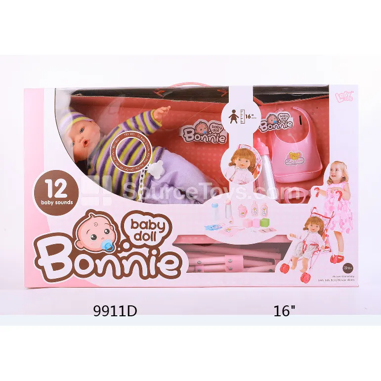 Vinyl Figure Doll 16 inch with 12 Sounds, Cotton Filled, Pacifier Chain, and Metal Push Car