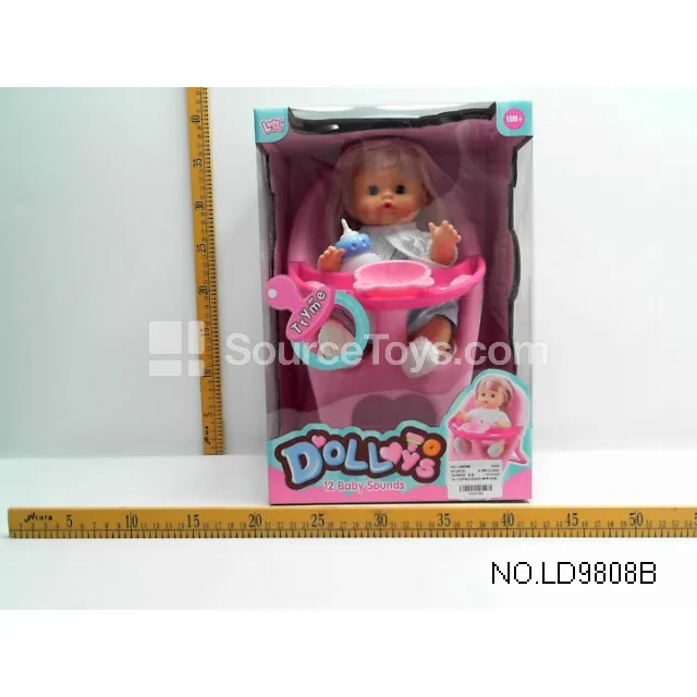 12" Realistic Vinyl Doll with Drinking & Peeing Functions, Includes High Chair & Bottle 12