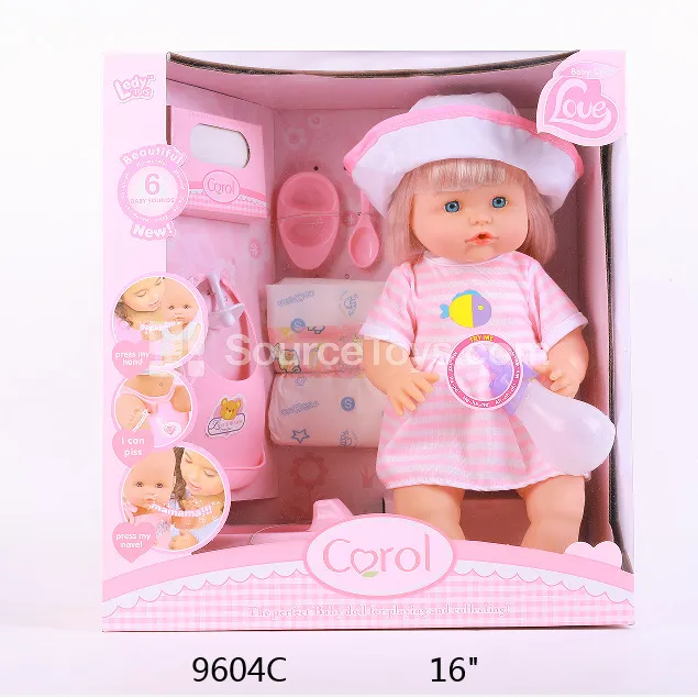 16-inch Vinyl Doll with Multiple Functions, Short Hair, Striped Dress, White Hat, 12 Sounds, IC, and Accessories
