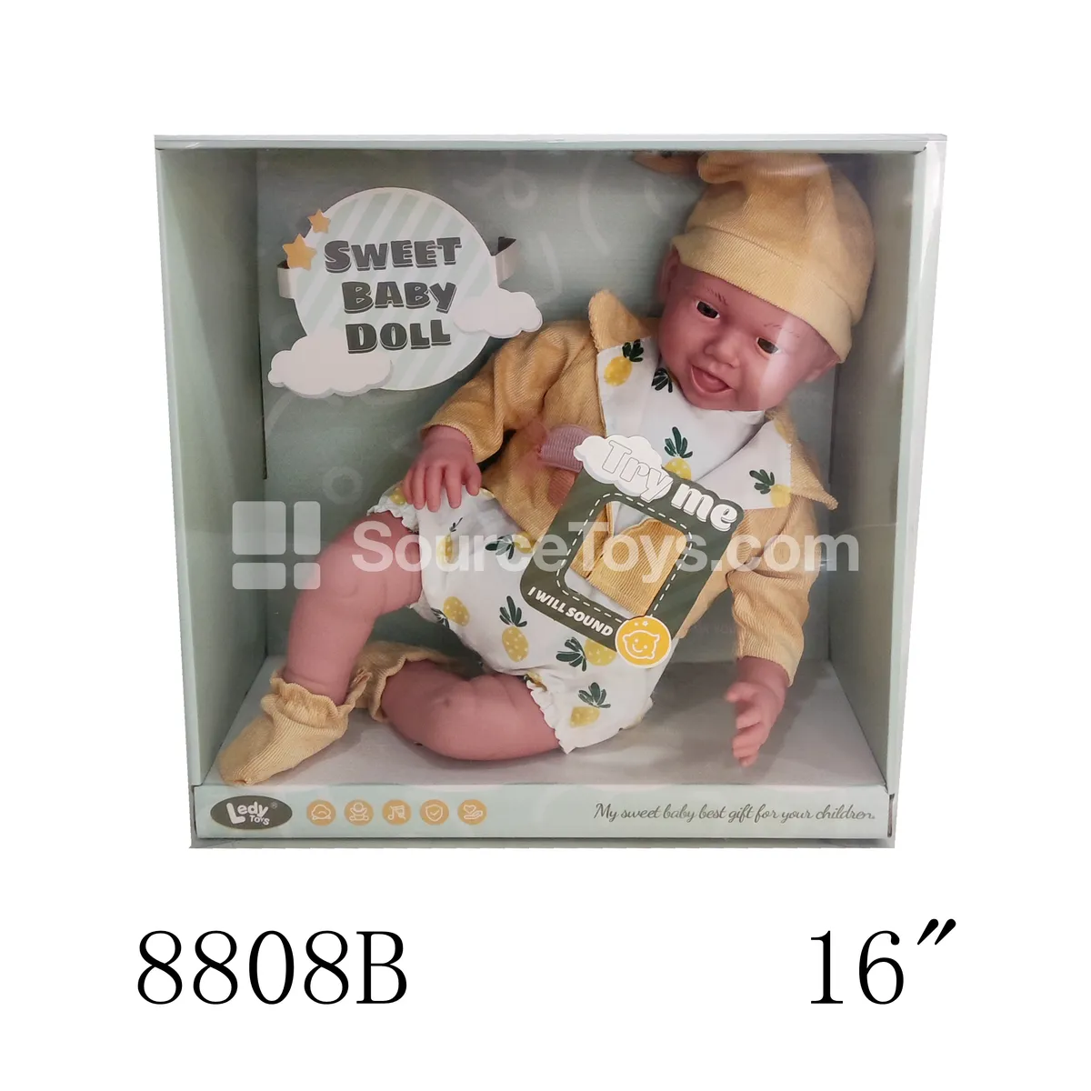Realistic Vinyl Doll 16 inch with Cotton Body, Press Hands on Chest for 12 Sounds, Rotatable Limbs, Battery Included 3xAG13