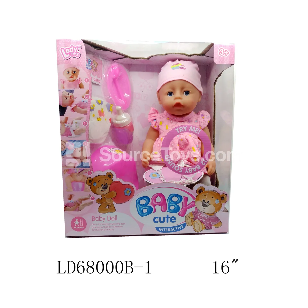 Vinyl Doll Set with Sound, Drinking & Wetting Functions, Moving Eyes, 3 Dolls with Accessories